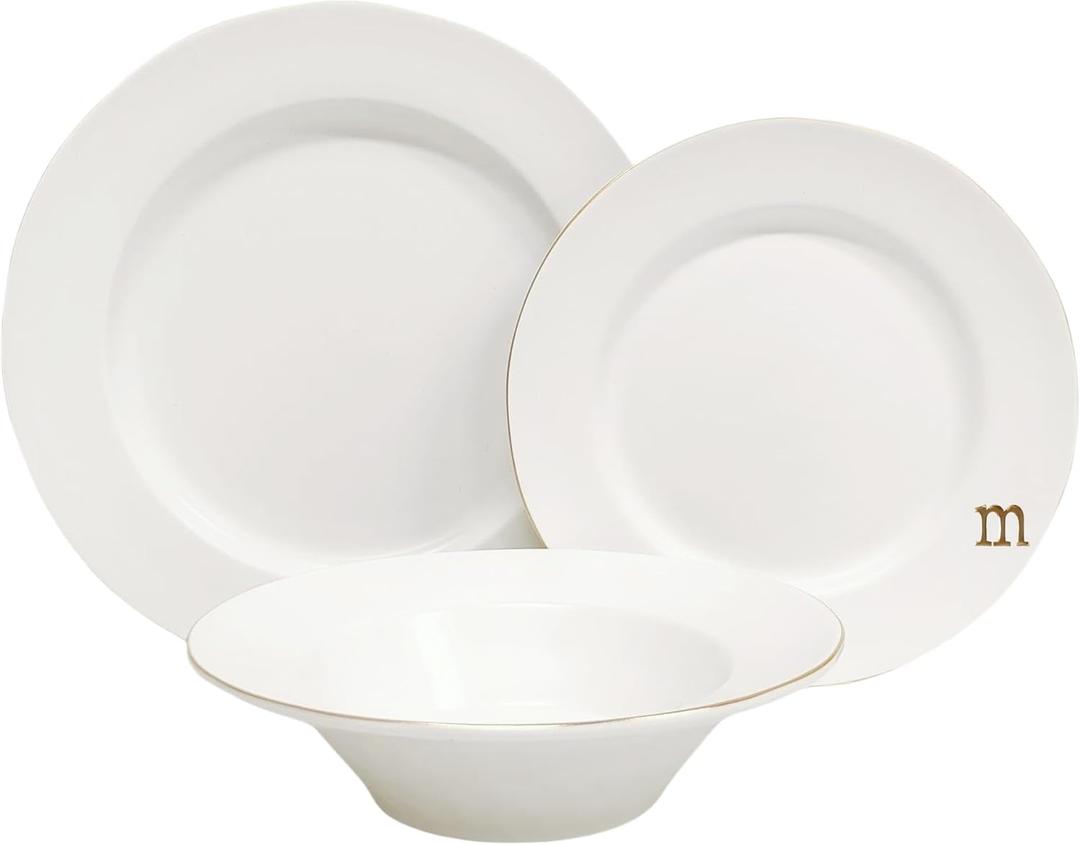 COLLECTIVE HOME Luxurious Gold-Edged Ceramic Dinnerware Set with Embossed Lettering, Including Soup Bowl, Shallow Plate, and Large Plate  Perfect for Weddings, Anniversaries, and Elegant Dining (M)
