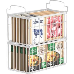 MSERCUOR Freezer Organizer Bins, 2 Pack Stackable Deep Chest Freezer Organizer Bins, Foldable Baskets with Handles, White Storage Container Baskets for 5/ 7 Cu.FT Sort Frezen Meats