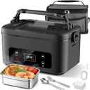 Cordless Electric Heated Lunch Box - Rechargeable 24000mAh Self Heating Battery Powered Portable Food Warmer Container with Removable Divider Leakproof for Men Women Adults Truck Office Outdoor Travel (Black)