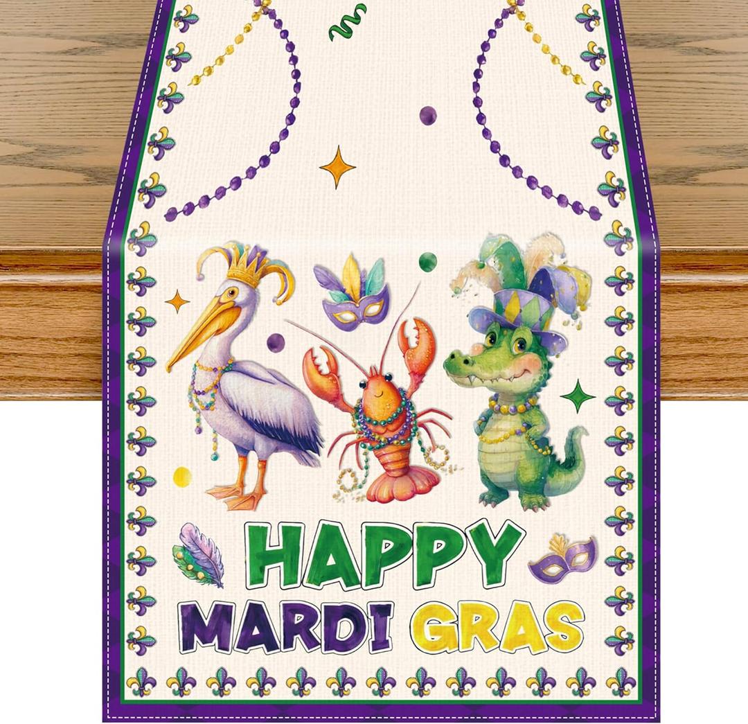 Purple Mardi Table Runner - Gras Masquerade Mask Beaded Party Decorations Cute Pelican Crawfish Alligator Carnival Holiday Supplies Decor for Home Dining Kitchen Dinner Living Room 13x72 Inch