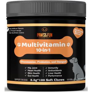 Paws&Fun – Dogs Supplement Multivitamin + Glucosamine for Hip & Joint + Probiotics for Digestion + Omega 3 Salmond Oil for Skin and Coat; 10 in 1 Chews (Peanut Butter 120ct), Best By: April 2026