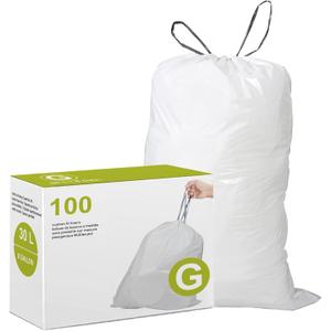 Code G Drawstring Trash Bags Compatible with simplehuman Code G | 8 Gallon 30L | 100 Count | 1.2 Mil | Heavy Duty White Custom Fit Garbage Liners (Pack of 1)