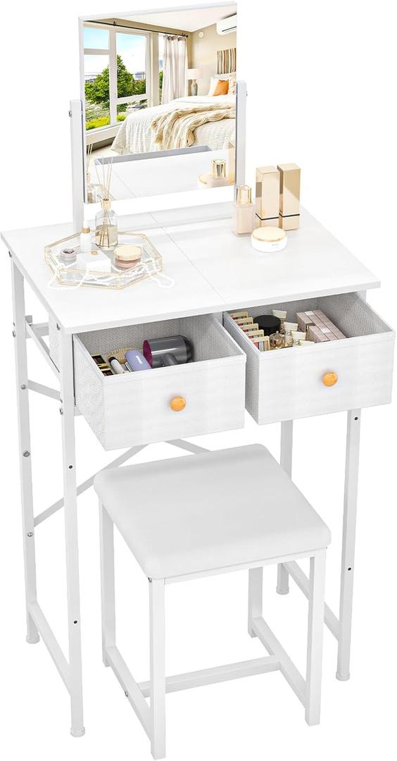X-cosrack Small Makeup Vanity Desk with Mirror & Chair, Mini Vanity Desk Table Set with Fabric Storage Drawer, 19.7" Compact Vanity Desk for Girls, Dressing Table with Chair for Bedroom, White