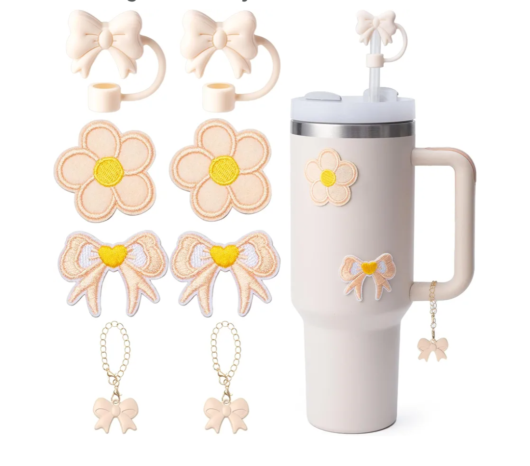 8PCS Stanley Cup Accessories, Stanley Accessories | 10PCS Silicone Bow Straw Toppers, 10 Cute Bow Handle Charm, 10PCS Water Bottles Bufferfly Patches Stickers Accessories Decor