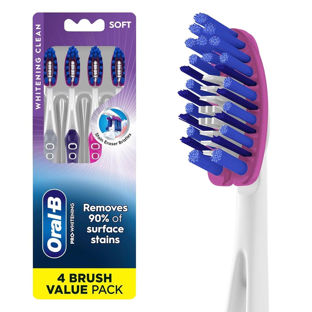 Oral-B 3D White Deep Stain Remover toothbrushes, 4 Count Toothbrush Soft, Removes 90% of Surface Stains, whitens Teeth, deep Reach, removes Plaque and Stains Tooth Brush