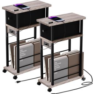 Side Table Set of 2,Side Table with Charging Station and Drawer, Narrow End Table with USB Ports and Outlets for Small Space, Living Room, Bedroom and Office, with 4 Wheels (Green)