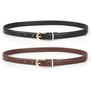 JASGOOD 2 Pack Womens Skinny Leather Belt Ladies Thin Faux Leather Belt with Gold/Silver Buckle for Jeans Dress Pants
