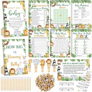Funnymoom 426 Pcs Safari Animal Baby Shower Games Set-8 Games, Includes Baby Shower Bingo Price is Right Guess Word Scramble Prediction and Advice How Big is Mommy's Belly Don't Say the Words (Green)