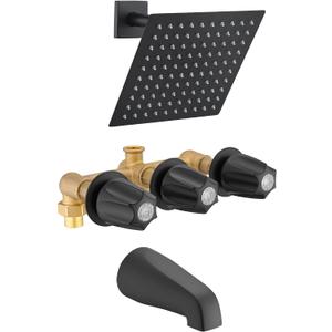 8" Rain Shower Faucet& Bathtub 3 Handle Knob Tub & Shower Rough-In Valve, Included Rough-in Valve, Matte Black