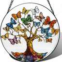 Stained Glass Tree of Life Suncatcher - 7.9" Real Glass Blue Butterfly Leaves Window Hanging, Weatherproof Spiritual Rebirth Decor, Sympathy Memorial Healing Gift for Mom Women