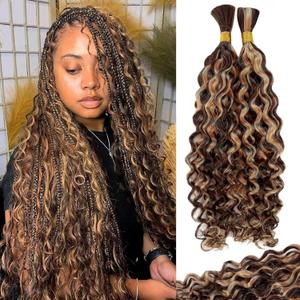 Ombre Human Braiding Hair for Boho Braids 100g 28 Inch P4/27 Highlight Balayage Curly Boho Braiding Knotless Deep Water Wave Bulk for Micro Braiding Hair Extensions 2 Bundles