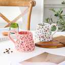 Mkour 16oz Large Ceramic Coffee Mugs, Handmade Big Tea Cups, Floral Design, Wide Bottom with Large Handle for Office and Home, Microwave and Dishwasher Safe (Pink)