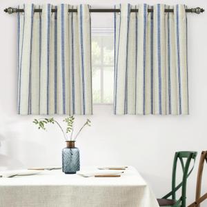 DriftAway Farmhouse Linen Blend Blackout Curtains 36 Inches Long for Bedroom Vertical Striped Printed Linen Curtains Thermal Insulated Lined Treatments for Living Room 2 Panels W52 x L36 Navy