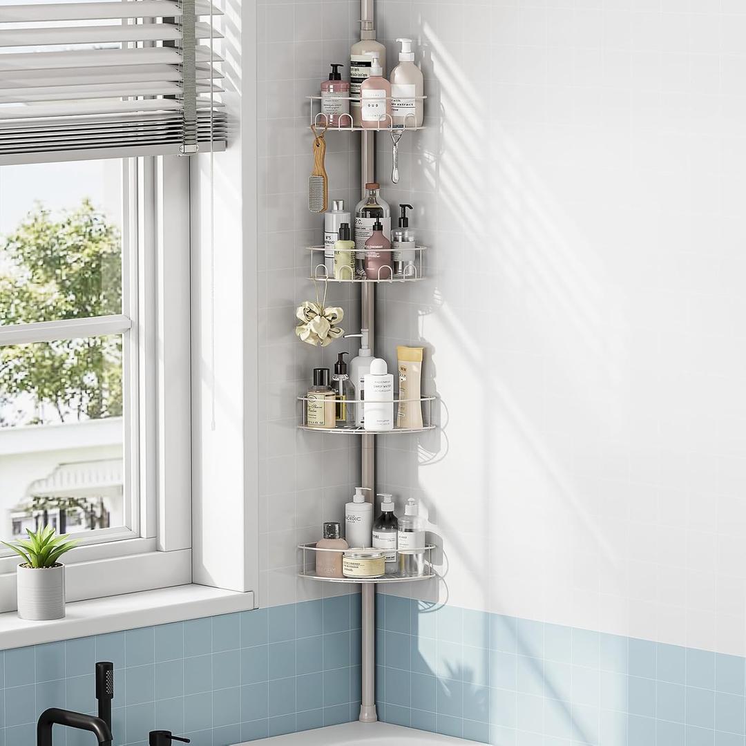 Tension Pole Corner Shower Caddy, Adjustable 4 Shelf Bathroom Organizer, Corner Towel Holder, 63.7-119 inch Waterproof Storage Corner Shelf, Sliver
