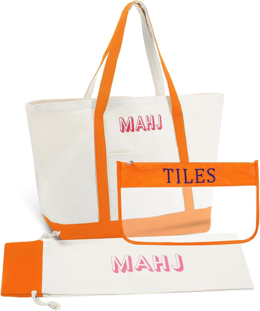 3 Pcs Empty Mahjong Canvas Bag Gift Embroidered American Mahjong Set Incl Tiles Bag and Racks & Pushers Drawstring Bags(Orange,Regular)