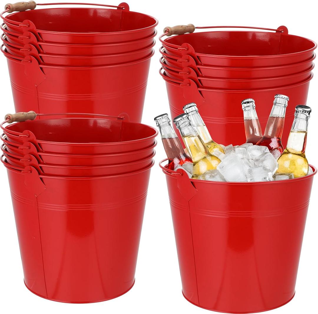 12 Pcs Large Galvanized Metal Buckets with Handle 10 Inch Heavy Duty Stainless Steel Pails Round Pail for Party Wedding, Crafts, Utensils, Table Centerpieces (Red)
