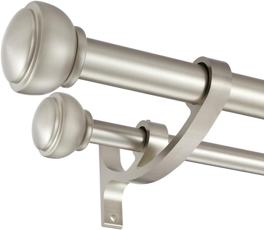 Double Curtain Rods for Window 72 to 144 Inch, Brushed Nickel Double Curtain Rods, 1-Inch Front and 5/8 Inch Back Double Window Drapery Rod, Double Decorative Curtain Rods with End Cap Finials