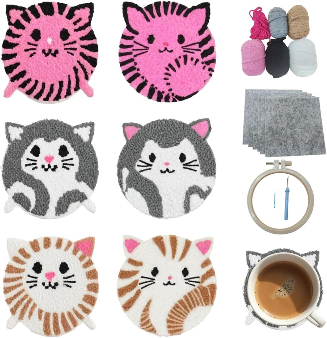 57lilina Punch Needle Coaster Kit for Adults Beginners Kids, 6 Set Complete Animal Cat Punch Needle Stitching Embroidery Art Kit, Step-by-Step Guide Make Punch Needling Drink Coasters for Starter