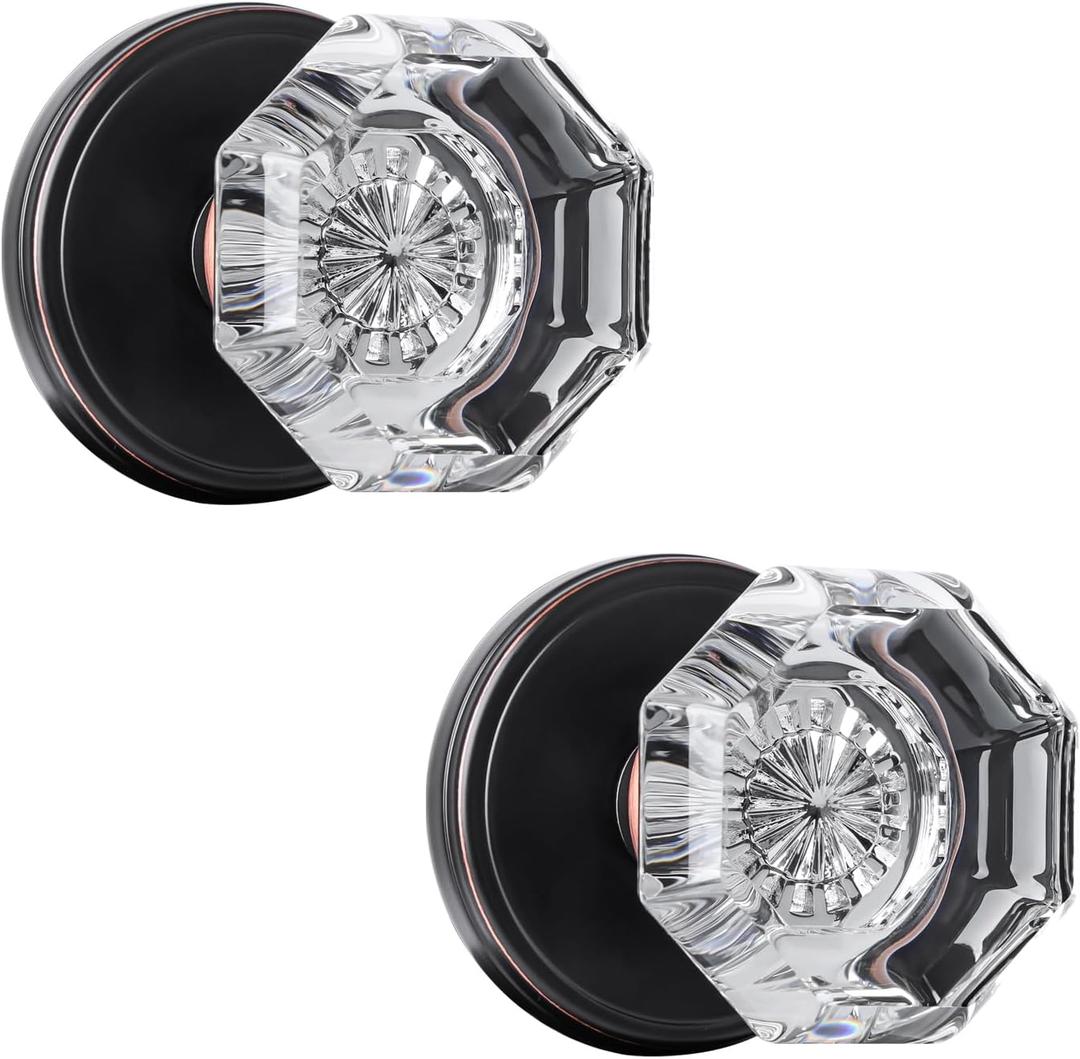 Crystal Glass Dummy Door Knob, Bifold Closet Oil Rubbed Bronze Door Knobs Round Dummy Door Handles Non-Turning Single Side, 2 Pack