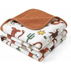 Breling Western Cowboy Muslin Baby Blankets for Girls Boys, 100% Cotton Crib Blanket for Infant Toddler, 40 x 36 Inch Soft and Lightweight Nursery Swaddling Wrap