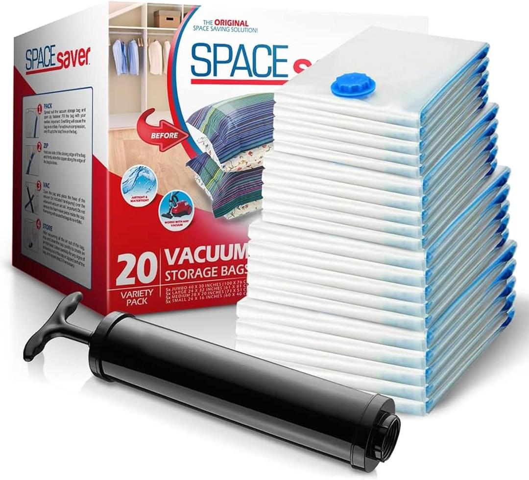 Spacesaver Vacuum Seal Bags for Clothing - Set of 20 (Variety Pack) Compression Storage Bag for Comforters and Bedding - Airtight Travel Packing Bags with Hand Pump