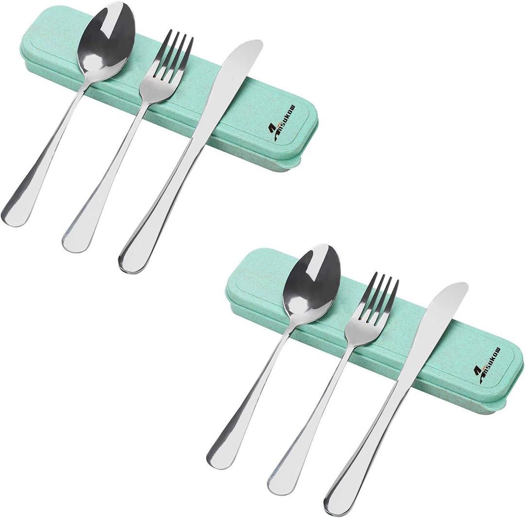 8 Picec Travel Utensils Camping utensils Travel Silverware Set with Case Fork and Spoon Set Office Stainless Steel Reusable Trip Cutlery Set Easy to journey Lightweight Lunch Box for Men