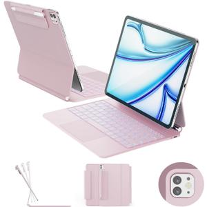 RAYMCRAFT for iPad Air 13-inch Case with Keyboard M4/M3/M2 (2026/2025/2024) & iPad Pro 12.9" (6th/5th/4th/3rd) Magic Keyboard, 11-Color Backlight with Safe Pencil Buckle, Multi-Touch Trackpad, Pink