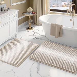Bathroom Rugs and Mats Sets, 2 Piece Thick Absorbent Chenille Bath Mat Rug Set Non Slip, Soft Shaggy Bath Room Floor Mats for Bathroom, Machine Washable (Light Taupe, 20" x 32" Plus 16" x 24")