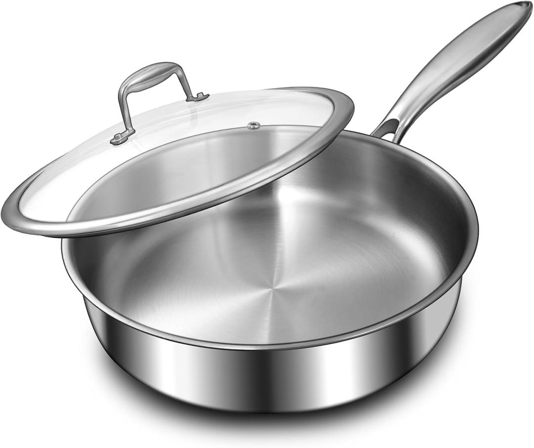 12 Inch Tri-Ply Stainless Steel Frying Pan, Deep Frying Pan with lids, PFOA&PTFE Free Skillet, Induction Cooking Pan, Dishwasher and Oven Safe, Fast & Even Heat, Heavy Duty and Detachable Handle