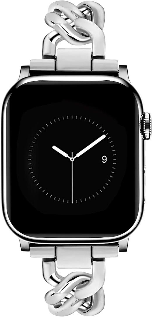 JR.DM Silver Watch Bands for Women Compatible with Apple Watch 46(S10/11)/49/45/44/42mm(S1/2/3) Adjustable Metal Single Chain Bracelet for iWatch Series (No Case)
