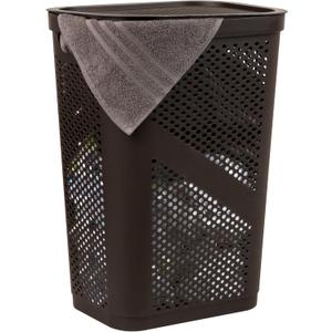 Mind Reader Slim Laundry Hamper with Lid, 60L Clothes Basket, Ventilated Plastic, Brown