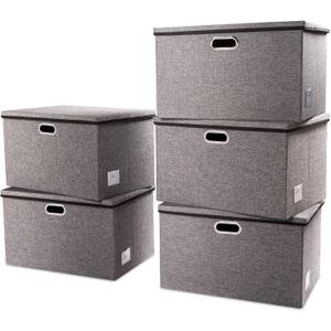 PRANDOM Extra Large Collapsible Storage Bins with Lids [5-Pack] Linen Fabric Foldable Storage Baskets Boxes Organizer Containers Cube with Cover for Bedroom Closet Office Nursery (22.8x15.75x13.8) (Gray)