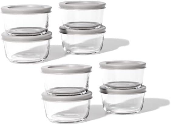 16-Piece Glass Food Storage Containers Set (8 Containers + 8 BPA-Free Lids) | 7-Ounce, Leakproof | Microwave, Freezer, Oven & Dishwasher Safe | Ideal for Meal Prep & Pantry Organization (Grey)
