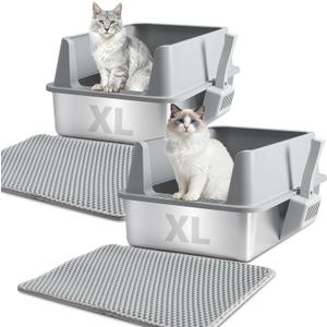 XL Stainless Steel Litter Box with Lid, Extra Large High Sided Metal Cat Litter Box with Mat and Scooper, Easy Clean, Non-Stick & No Smell, 2-pack