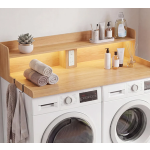 Seang 2-Tier Washer Dryer Countertop with Power Outlet & LED Lights, 27"D x 54"W Laundry Countertop for Folding Clothes, Washer and Dryer Topper with Storage Basket, Metal Hooks, Non-Slip Pad, Natural