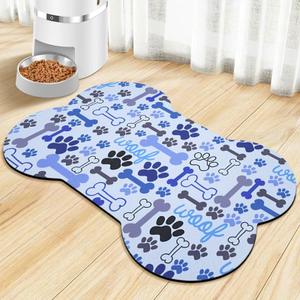 Dog Food Mats for Floors Waterproof, Pet Feeding Absorbent Water Bowl Mat Cat Placemats Blue Bone Shape 19 * 12 inch