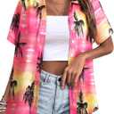 Womens Button Down Hawaiian Shirts Short Sleeve Floral Print Summer V Neck T-Shirt Casual Summer Beach Blouses Tops (Large)