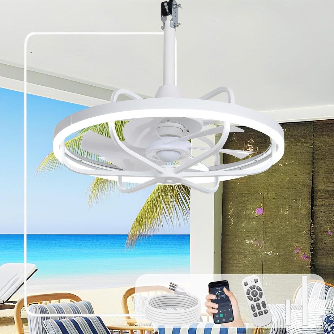 Depuley 20" Outdoor Ceiling Fan with Lights, White Waterproof Gazebo Hanging Fan with Remote App Control, Dimmable Plug in Caged outdoor Ceiling Fans for patios Porch 6-Speeds