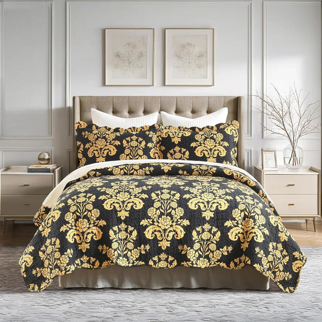 Black Yellow King Size Quilt Set -100% Cotton Farmhouse King Quilt,Black and Yellow Floral Printed Quilts, 3 Pieces Reversible Lightweight Bedspread, King Quilt Bedding Set for All Seasons