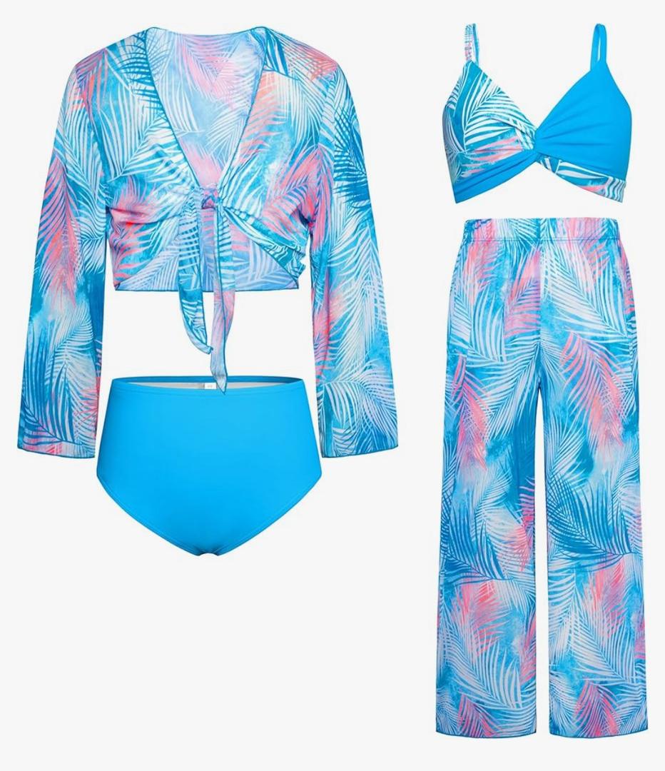 GRACE KARIN Teen Girls Bathing Suits Kids 4 Piece Long Sleeve Swimsuit Kimono Up Pants Bikini Tankini Set Swimwear. 10y