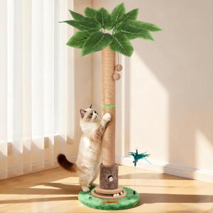 Cat Scratching Post, Famifit 39" Nature Sisal Cat Scratch Post for Indoor Cats, Large Cat Scratcher with Cat Toy Mouse Hole & Interactive Wooden Ball for Kittens Adults Cats (Green)