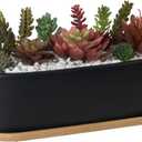 MyGift 14 Inch Oval Modern Matte Black Ceramic Succulent Planter Pot with Drainage Hole and Removable Bamboo Saucer, Decorative Indoor House Plant Container for Flowers, Cactus, Herbs