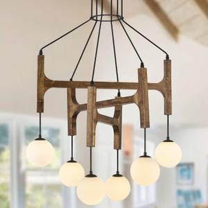 Farmhouse L28 '' Wooden Chandeliers with Milk Glass Globes Lampshades, Rustic Unique Mid Century Long 6-Light Pendant Chandelier Lighting for Living Dining Room Entryway Foyer Bedroom Kitchen,G9