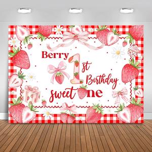 Berry 1st Birthday Backdrop 7x5ft Strawberry Happy First Birthday Photography Background Party Decorations for Girls Sweet One Banner Photo Booth Props