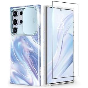 GVIEWIN for Samsung Galaxy S24 Ultra Case with Slide Camera Cover+Screen Protector, [Military Grade Shockproof] Marble Protective Slim & Tough Phone Case for S24 Ultra 6.8"(Aurora/ Azure Blue)