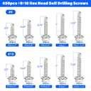 450PCS Self Tapping Screws for Metal, 410 Stainless Steel Self Drilling Screws #8#10 Hex Head Sheet Metal Screws Assortment Kits, Length 1/2"" to 1-1/4'' (Silver)