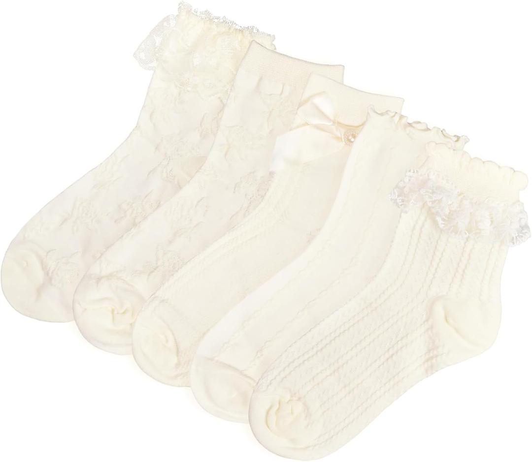 5 Pairs Cute Ruffle Socks Frilly Lace Bow Ankle Socks for Women Girls