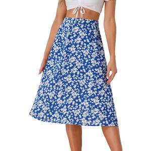 Allegra K Women's Floral Skirt A-Line Midi Skirt Chiffon Elegant 2025 Fall Skirts with Pockets (Blue White) L