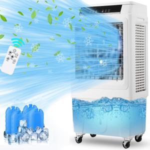 3000 CFM Evaporative Air Cooler, Swamp Cooler with Remote Control and 4 Ice Packs, 3 Wind Speeds and Modes, 12H Timer, for Outdoor/Indoor Use, 10.3 Gallon