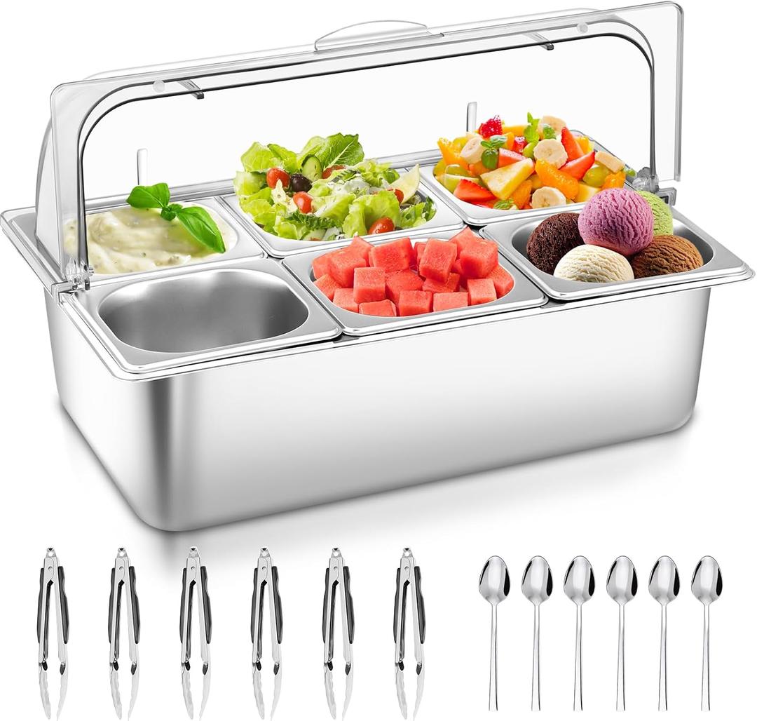 Countertop Food Serving Display Container with Clear Roll Top Cover, Stainless Steel Buffet Food Serving Tray, Condiment Serving Container Dispenser for Restaurant Kitchen Party(6 Compartments) 20.8" x 13" x 13"